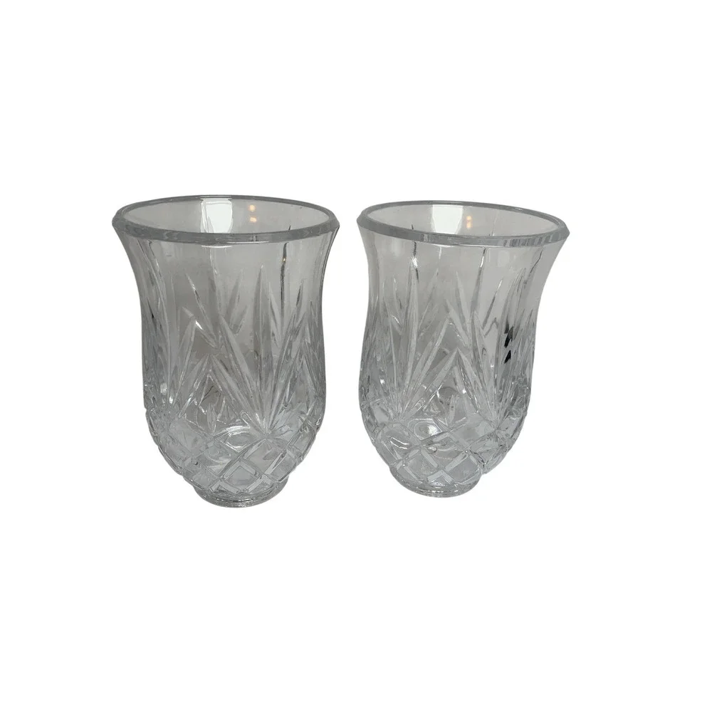 Vintage Clear‎ Cut Glass Hurricane Candle Shades Diamond Leaf Pattern Set of 2